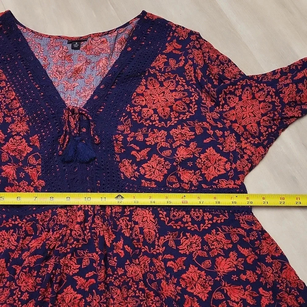 Torrid Crinkle Gauze Red Blue Floral Lace Up Baby Doll‎ Blouse Womens 3X - Picture 10 of 10
